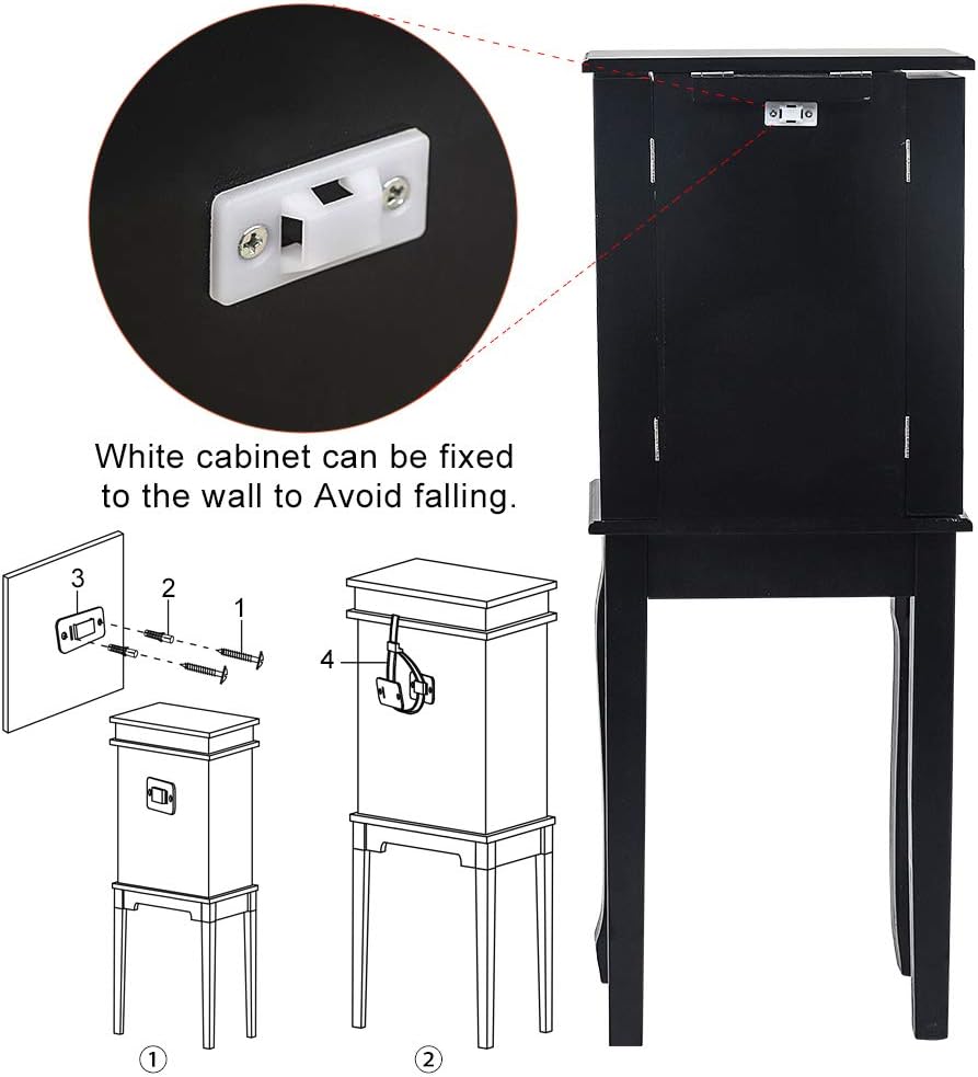 Jewelry Cabinet Armoire Storage Chest with Flip Top Mirror,4 Drawers,Makeup Display Jewelry Box Stand Up Accent Furniture Bedroom Armoires (Black)