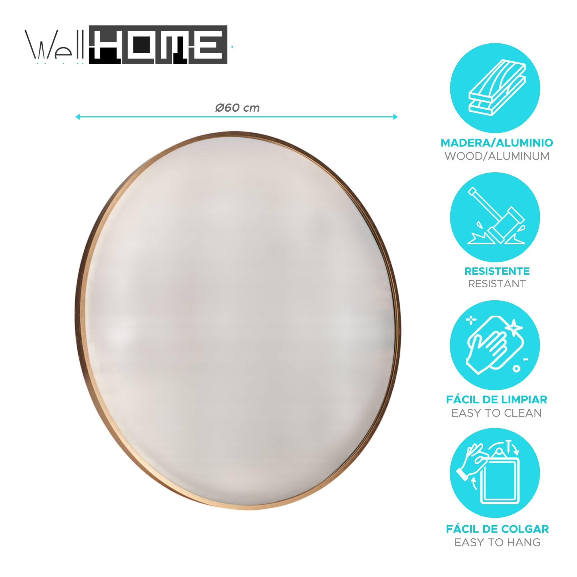 Well Home Espejo Redondo Ø60cm Marco de Madera en Acabado Oro, con Gancho Trasero, Ideal para recibidor o baño