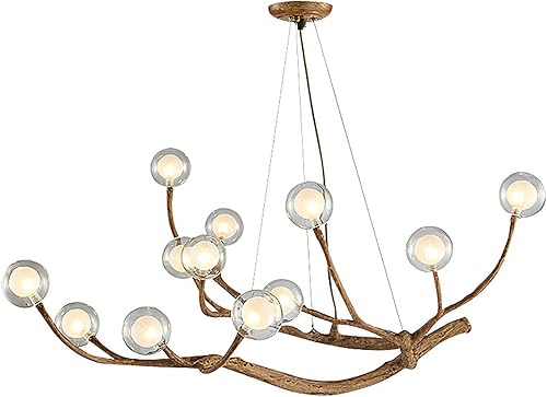 Moderno candelabro industrial de ramas de madera, 12 luces LED de burbujas de vidrio, lámpara colgante ajustable, lámpara de techo vintage de