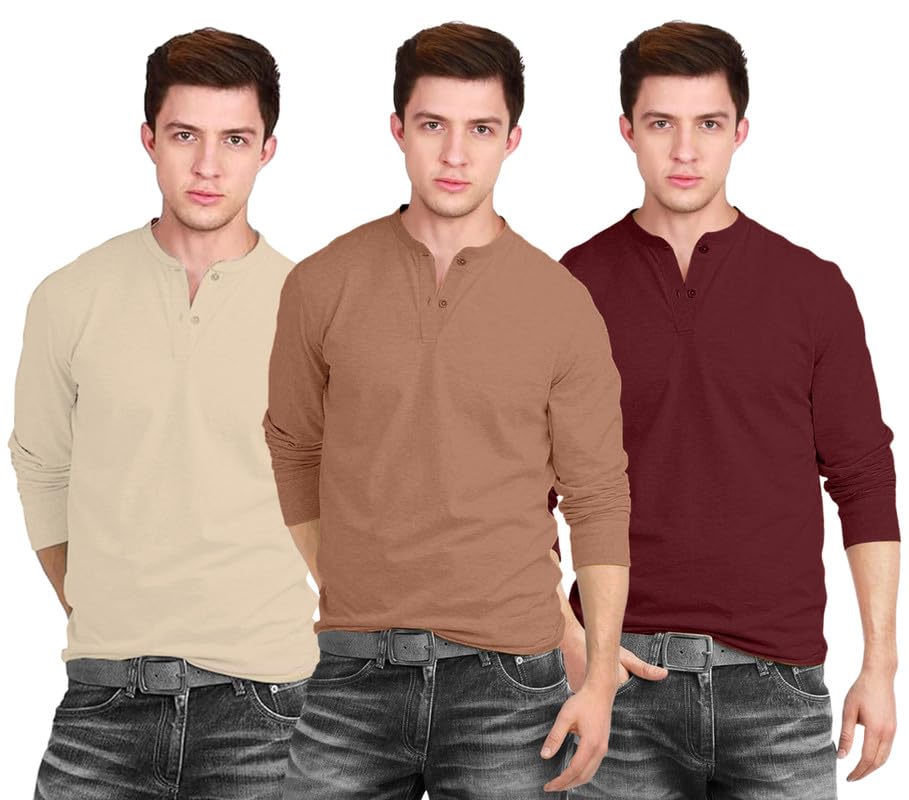 Image of Veirdo 100% Pure Cotton Regular Fit Solid Core Henley Neck Full Sleeve Multicolor T-Shirt Combo for Men & Boys (Pack of 3) (Sizes: S to 2XL)