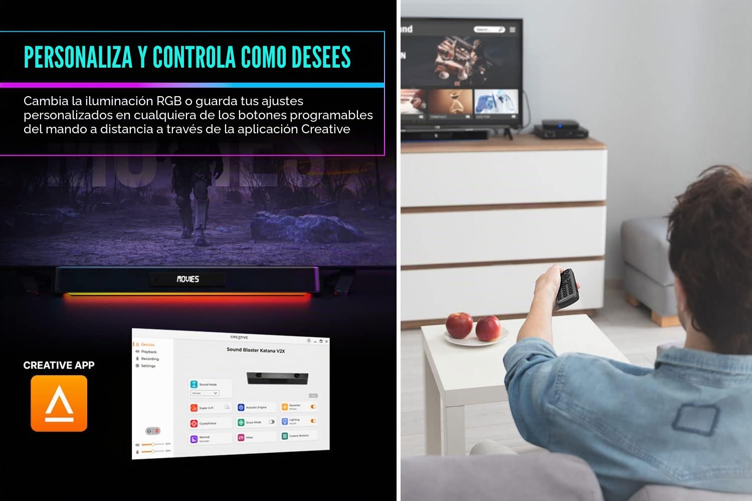 Sound Blaster Katana V2X Barra de sonido multicanal para juegos 5.1 con subwoofer compacto, potencia máxima de 180 W, diseño triamplificado de 5 drivers, tecnología Super X-Fi e iluminación RGB