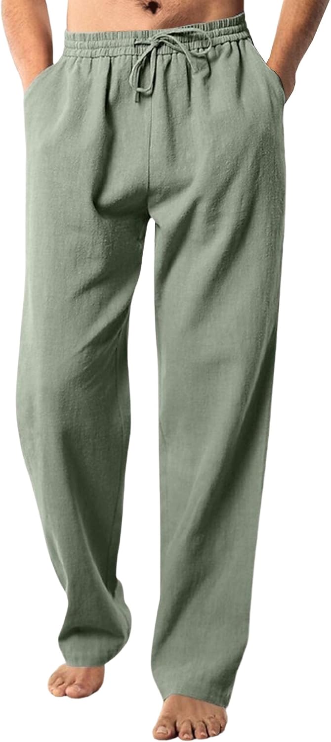 Men's Linen Wide Leg Thin Breathable Pants | Loose Fit,Straight Trousers,Summer Beach,With Pockets,For Travel,Elastic Waist Drawstring,Sport Casual Daily Wear