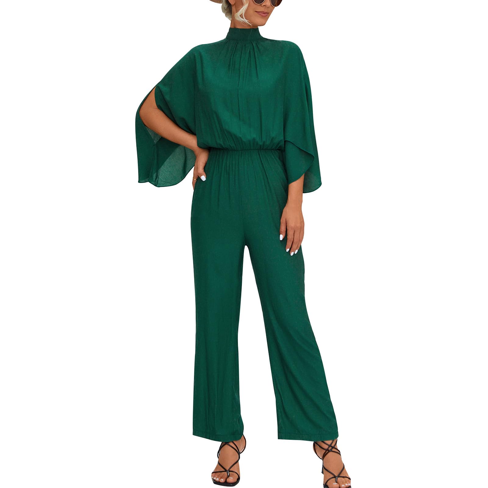 IWEMEK Mono largo de pierna ancha para mujer, pantalones simulados con cuello abierto, mangas de murciélago, cintura elástica, ojo de cerradura, mameluco de espalda, fiesta, boda, una pieza