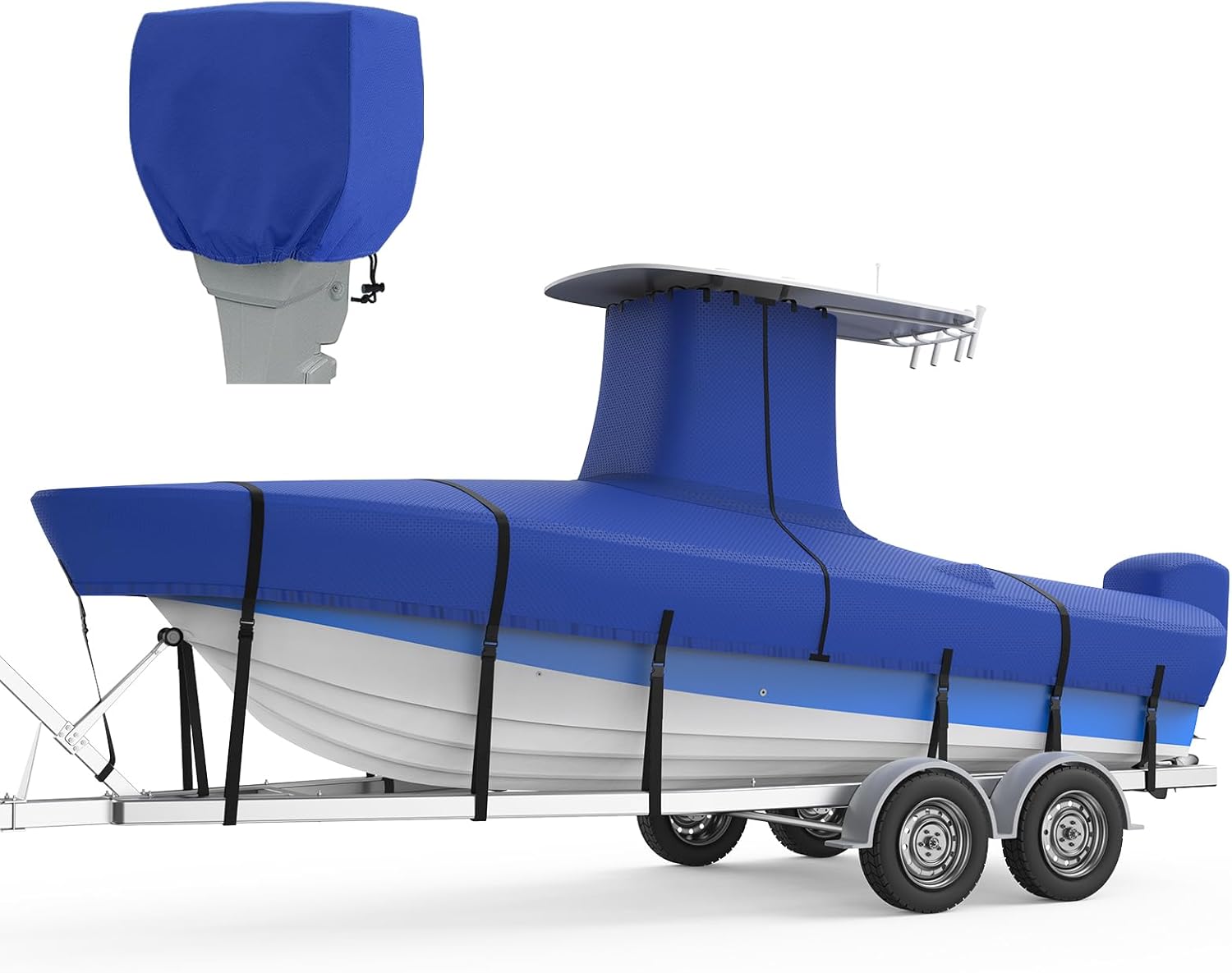 RVMasking Upgraded 1200D T-Top Boat Cover 100% Waterproof Heavy Duty Tear-Resistant Polyester with Motor Cover for Center Console Boat with T TOP Roof, 24'-26' Long Beam Width up to 112", Blue Length:24'-26', Beam Width up to 112" Blue
