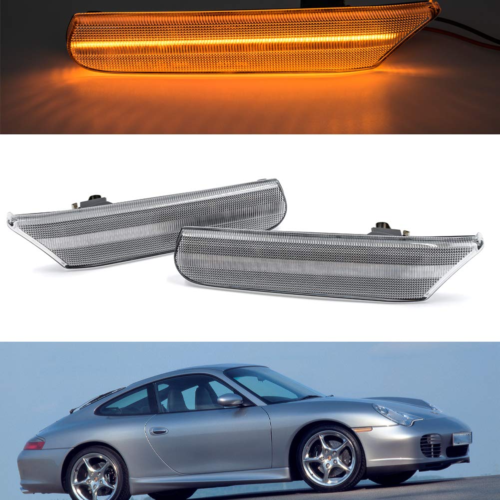 Mingrui test 2Pcs Full Amber Led Side Marker lights Fit for Porsche 911 1998-2005 Boxster 986 1997-2004 Clear Lens Front Turn Signal Sidemarker Lamps