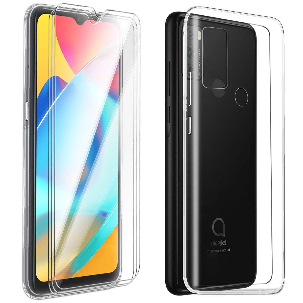 GYDQQKJ DQG Cover per Alcatel 3L 2020 + Pellicola Protettiva in Vetro Temperato, 2 Pezzi Morbido Silicone Custodia Traslucido + Nero TPU Case - Pacco da 3 HD Schermo Protettore per (6.22