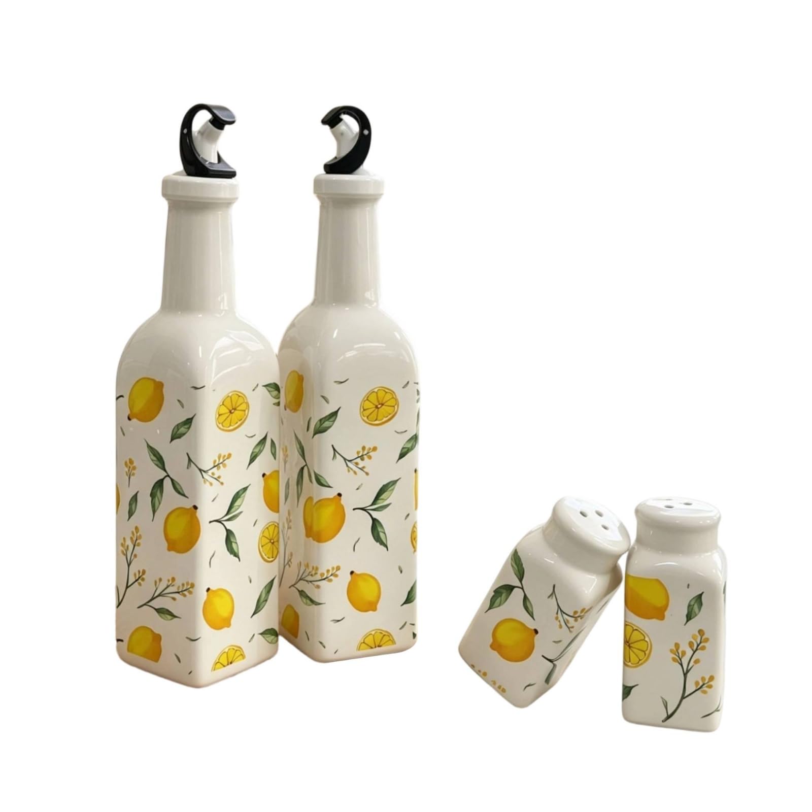 Bouteille à Condiments en Céramique Bouteille Flacon Récipient Distributeur avec Becs Antigoutte et Couvercles à Trous Motif Citronné Convient à Préparation Culinaire Service à Table