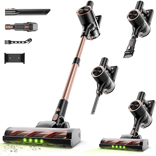 Cordless Stick Vacuum Cleaner - 45KPA Powerful Suction Vacuum with 45 Min Runtime, Detachable Battery, Anti-Tangle & 1.5L Dust Cup, 8 in 1 Vacuum Cleaner for Pet Hair, Carpet, HardFloor, Gold
