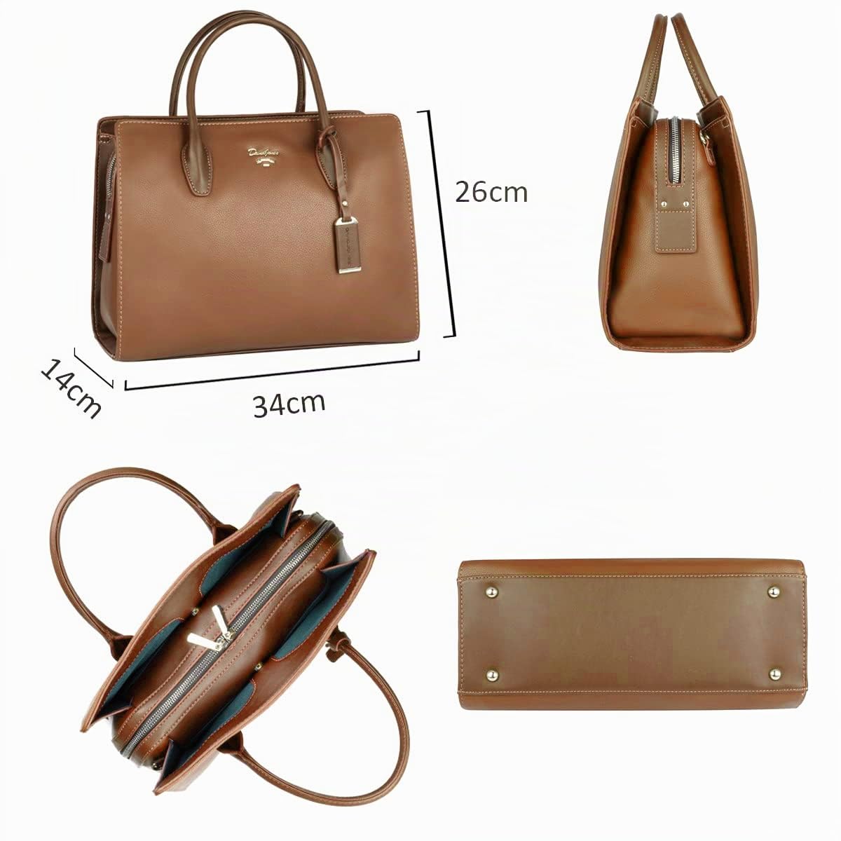 David Jones - Borsa a Mano Elegante Donna - Tote Shopper Bag PU Pelle - Borsa a Spalla Tracolla - Satchel Molte Tasche Scomparti Borsetta Grande - Moda Lavoro Città Ufficio Shopping - Cammello Marrone