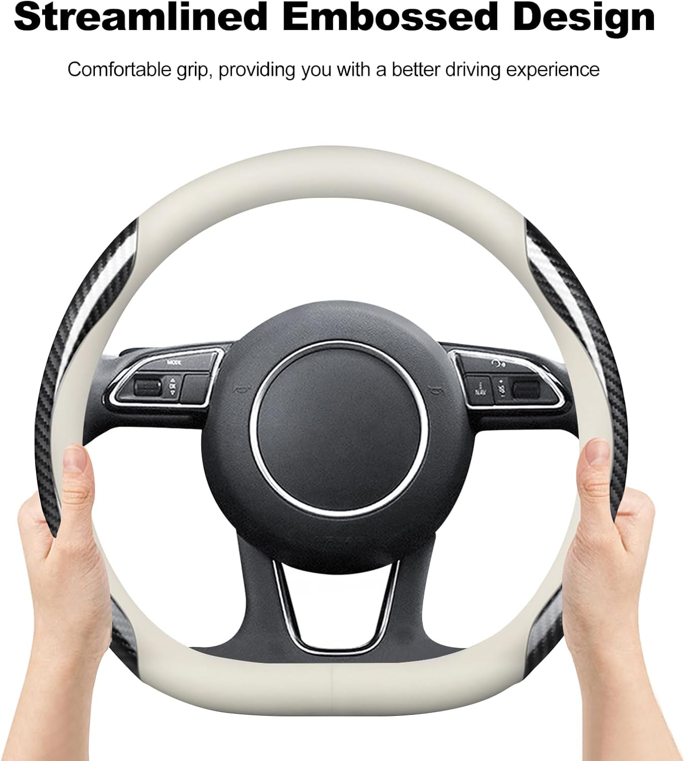 Ergocar Steering Wheel Covers, D-Type Carbon Fiber Leather Steering Wheel Cover Anti-Slip Mesh Lining Suitable for 38cm/15inch Steering Wheel