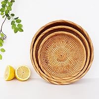 Vista 4 de I-lan Cesta de pan de ratán de 9 pulgadas con pared de 2 pulgadas, bandeja plana de mimbre con borde enrollado, cuenco redondo decorativo para todos
