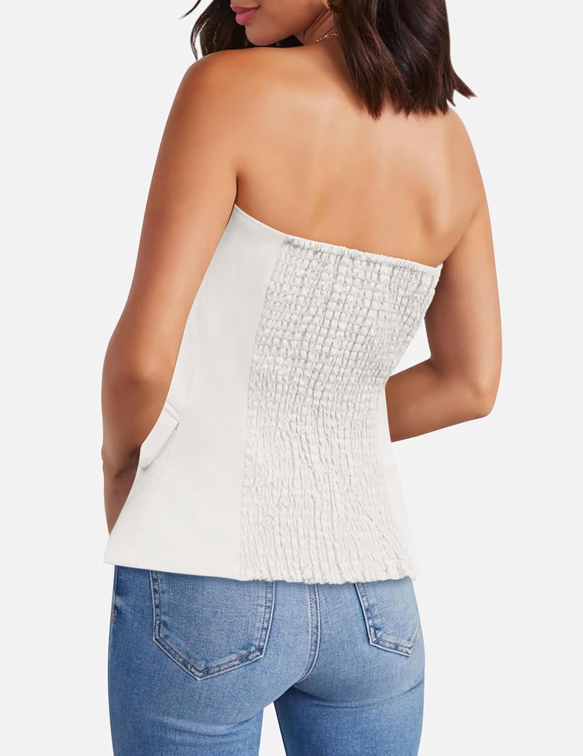 Yousify Sleeveless Vest Tops for Women 2025 Fashion Smocked Off The Shoulder Button Tube Top Blazer Vest with Pockets White M - Image 2