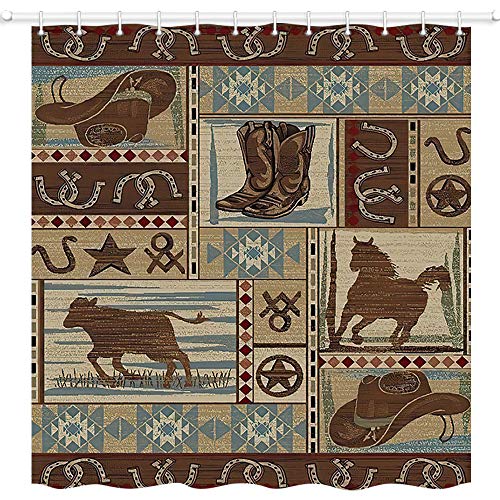 Western Decorations For Home Shower Curtain, Wild West Rural Cowboy Horses With Texas Star Horseshoe Longhorn In Grunge Southwestern Rustic Wooden, Polyester Fabric Bathroom Curtain Set, (69X70In) #TOP1