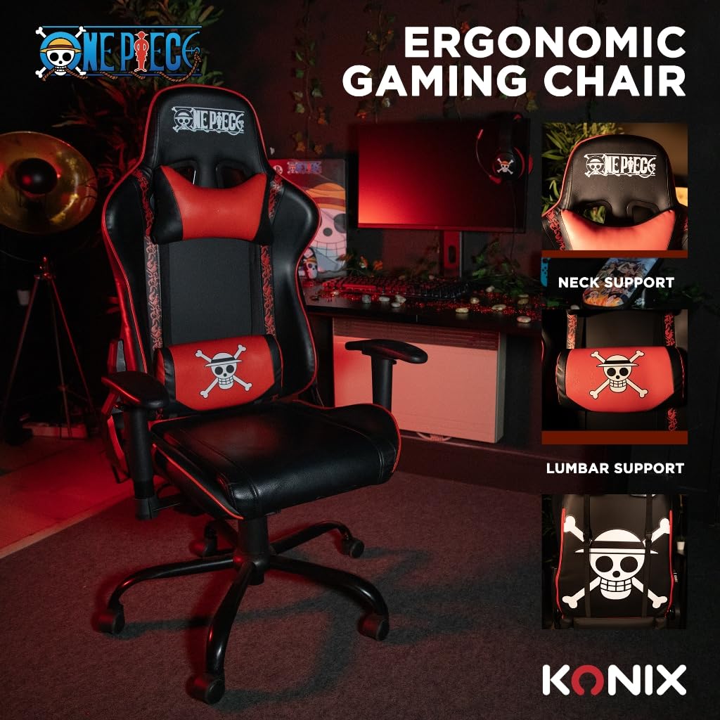 Konix Sedia da ufficio da gioco One Piece - Inclinazione del sedile di 150° - Pelle PU liscia - Nero e rosso