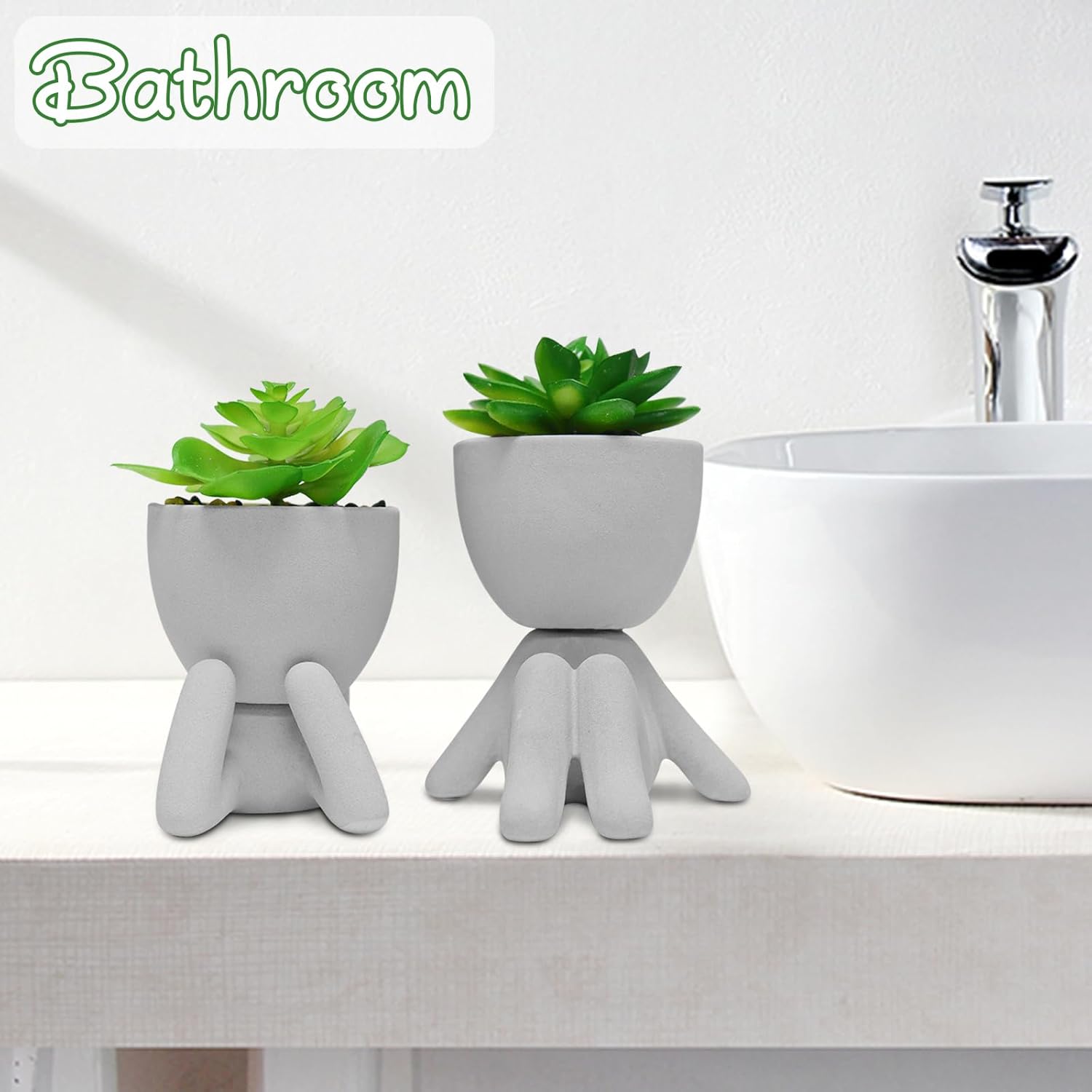 Zerzsy 3pcs Creative Artificial Succulents with Gray Flower Pots Bundle with 2PCS Cute Artificial Succulent Plants with Creative Human Shaped Pots
