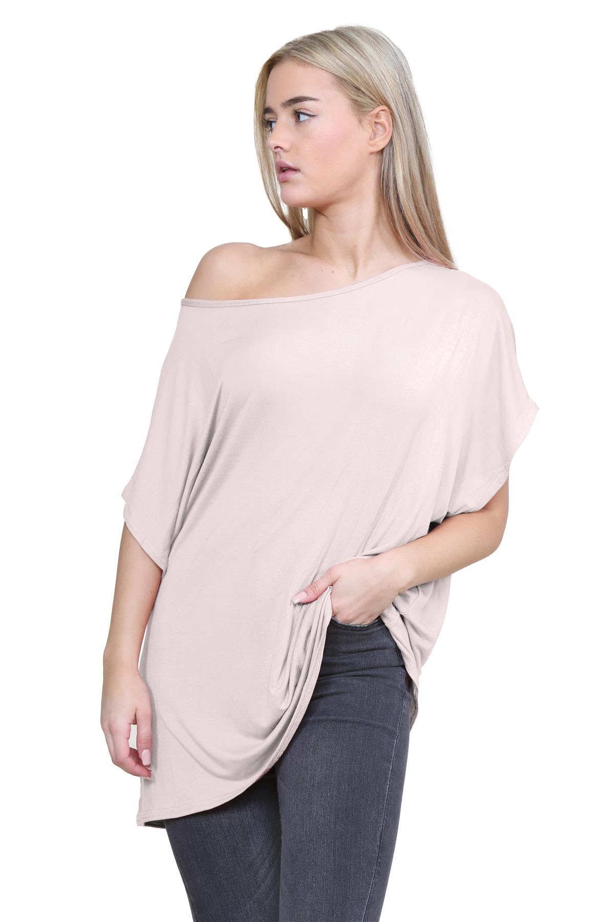 Nouveau Dames Batwing Manche Plaine De Le Épaule Bardot Oversize T-Shirt Mini Top