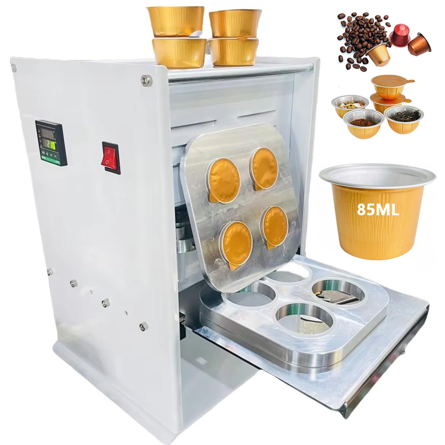 HADECOLL Manual Electric Cup Sealer for Coffee Pods and PP Cups, Aluminum Foil Sealing Machine with LCD Display for Tea, Sauce, Powder Packaging,85ML