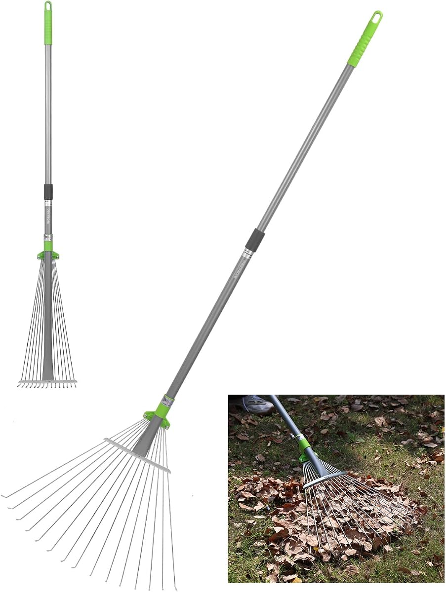 Rastrillo de hojas de jardín ajustable, rastrillo de césped de metal resistente con mango extensible de 32 a 63 pulgadas, cabezal de rastrillo plegable de 7,5 a 20 pulgadas, rastrillo telescópico para hojas, césped, agujas de pino y limpieza de jardín