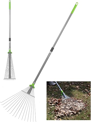 Adjustable Garden Leaf Rake, Heavy Duty Metal Lawn Rake with Extendable Handle 32"–63", Collapsible Rake Head 7.5"–20", Telescopic Yard Rake for Leaves, Grass, Pine Needles & Garden Cleanup
