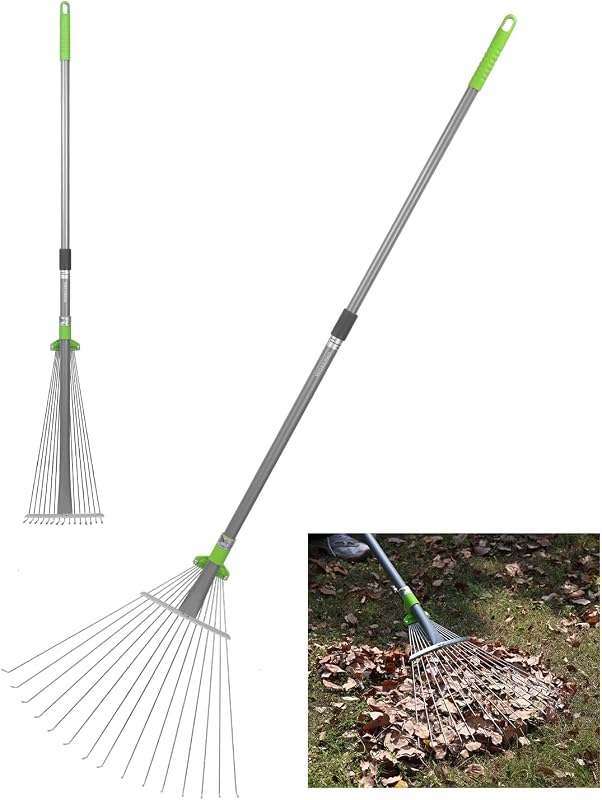 Rastrillo de hojas de jardín ajustable, rastrillo de césped de metal resistente con mango extensible de 32 a 63 pulgadas, cabezal de rastrillo plegable de 7,5 a 20 pulgadas, rastrillo telescópico para hojas, césped, agujas de pino y limpieza de jardín