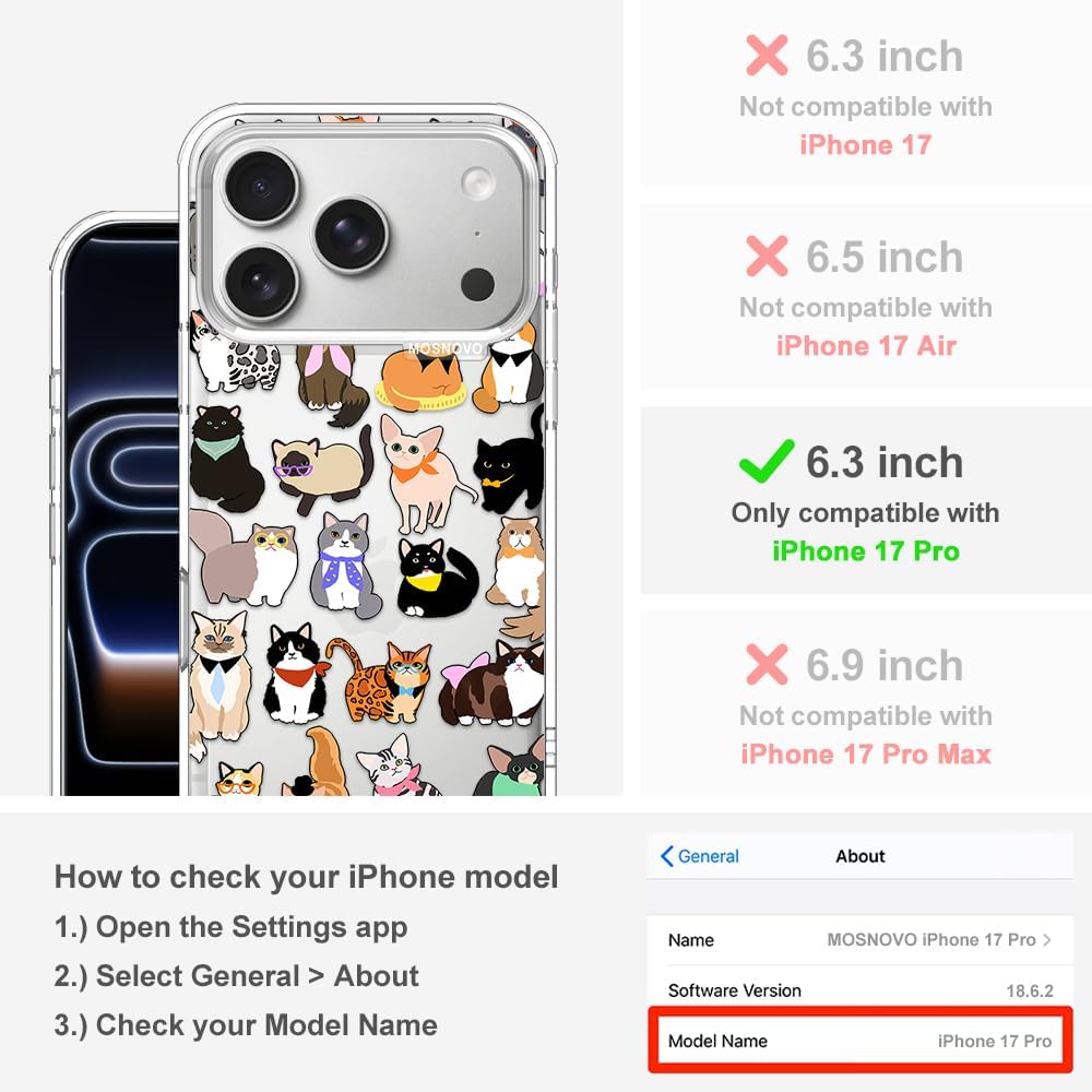 MOSNOVO for iPhone 17 Pro Case | Military Grade 6.6ft Drop Tested | Camera Control | Clear with Cute Cats Design - Image 2