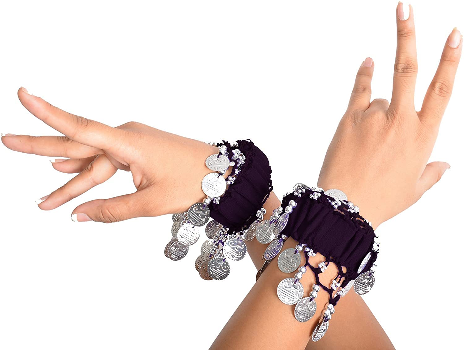 KRYPMAX Indian Dance Wear, Belly Dance Accessories Silver Coins Dancing Hand Bracelets (1 Pair) for Adult | Stage Performance Wear