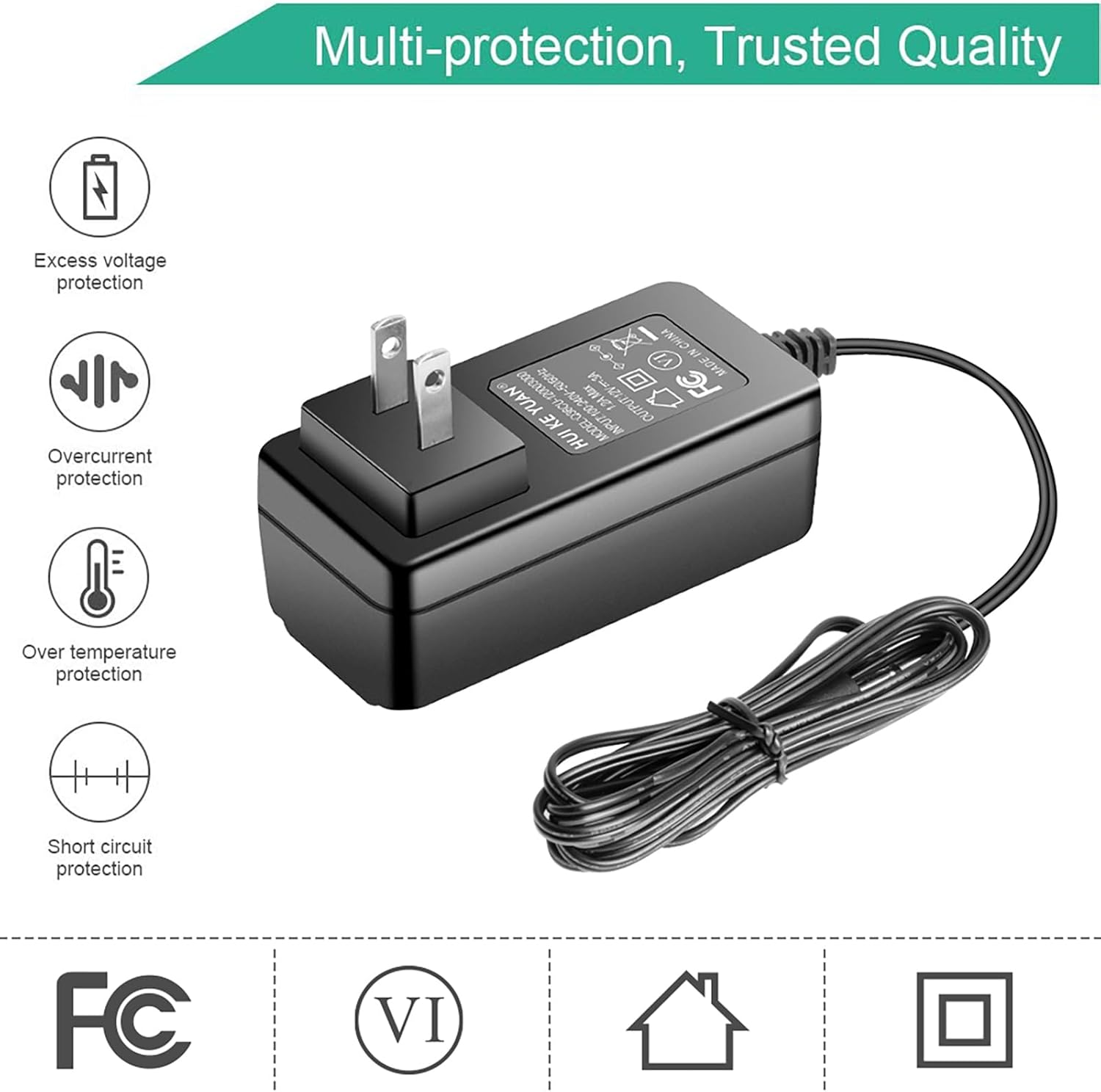 Diagram showing multi-protection features of the HKY adapter including excess voltage, overcurrent, over temperature, and short circuit protection.