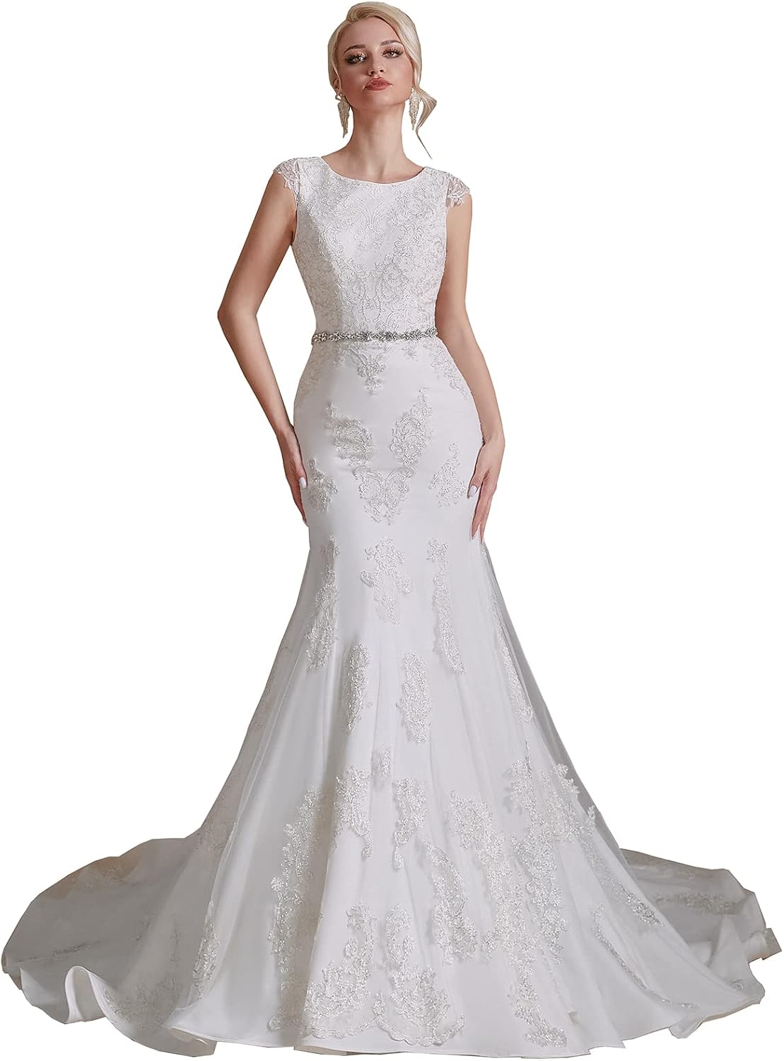 Women's Capped Lace Applique Mermaid Wedding Dress with Belt