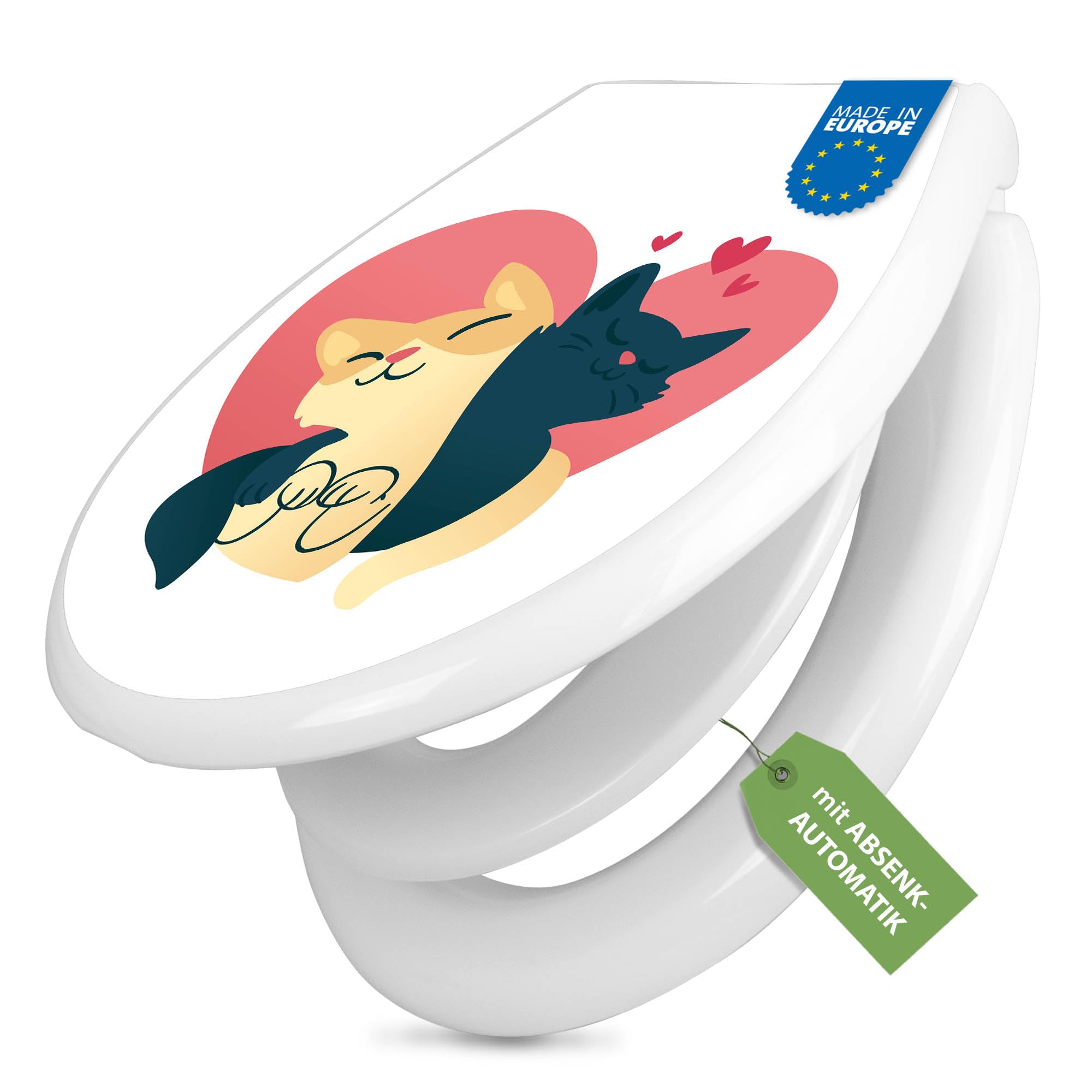 banjado Familien WC Sitz mit Absenkautomatik 44,9x37,1cm - Klobrille mit Kindersitz aus hochwertigem Polypropylen - Toilettendeckel mit Kinder Toilettensitz integriert - Motiv Verliebte Katzen 1