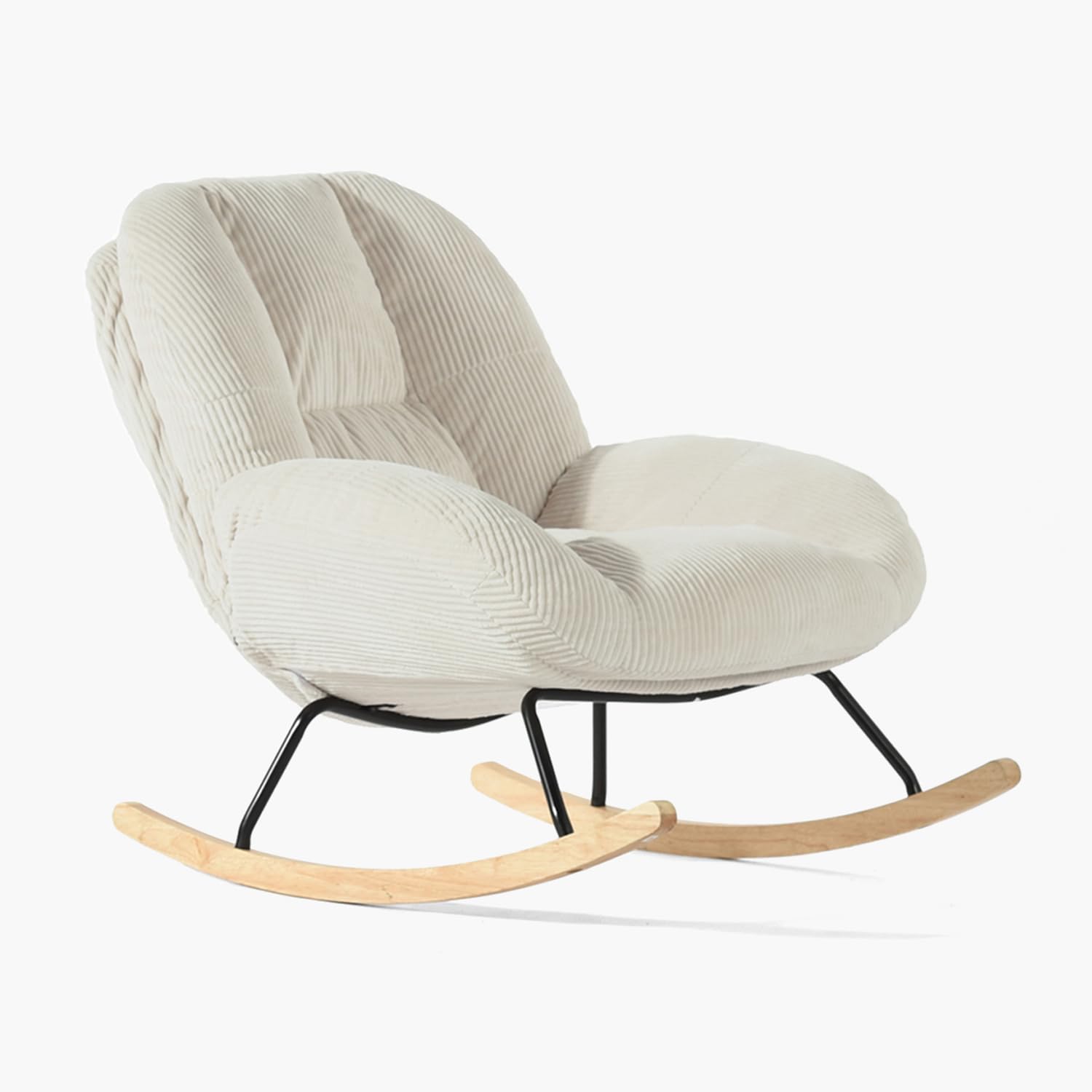 MEUBLE COSY Sedia a Dondolo Imbottita Poltrona Relax con Schienale Seduta Extra Larga in Velluto a Coste, Gambe in Legno, per Soggiorno Cameretta, Beige