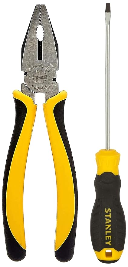 STANLEY 70-482 8'' Sturdy Steel Combination Plier Double Color Sleeve (Yellow and Black) & STMT60818-8 Cushion Grip Slotted Standard Screwdriver 3 mm x 100 mm Black and Yellow