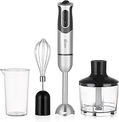 Mixer de Mão 3 em 1 Portátil KOOKIN 800W inox com 8 Velocidades Ajustáveis, Função Turbo e Lâminas 2 Afiadas + 2 Reforçadas em Aço Inox 304, Corpo em Inox e Fácil de Limpar(220V)