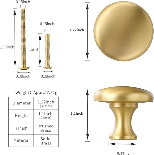 Miniatura 5 de Pomo de latón macizo dorado para gabinete, paquete de 6 tiradores redondos para cajones de aparador, 1.26 pulgadas, manijas de gabinete de baño,