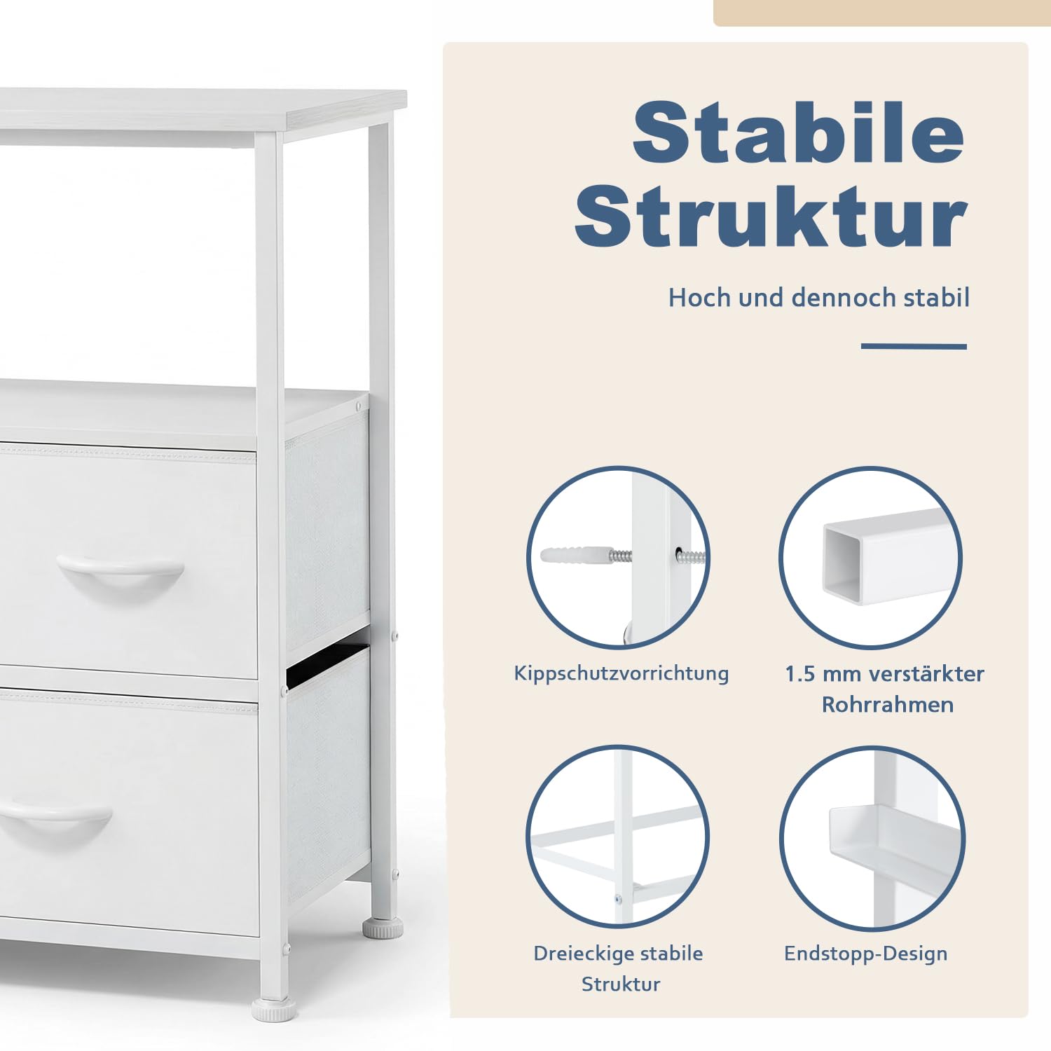 DUMOS Kommode mit Schubladen - kommoden & Sideboards für Schlafzimmer Geeignet, Komodenschrank mit 5 Schubladen, TV-Schrank mit Stahlrahmen,Schrank Klein, Ideal für Flur, Wohnzimmer (Weiß)