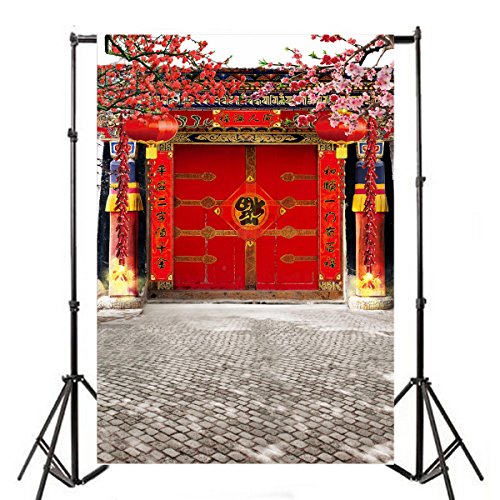 Leyiyi 4x6ft Photography Background Chinese Spring Festival Backdrop Big Red Fu Couplets New Year Scroll Beijing Traditional Buildings Plum Blossom Brick Floor Photo Portrait Vinyl Studio Video Prop