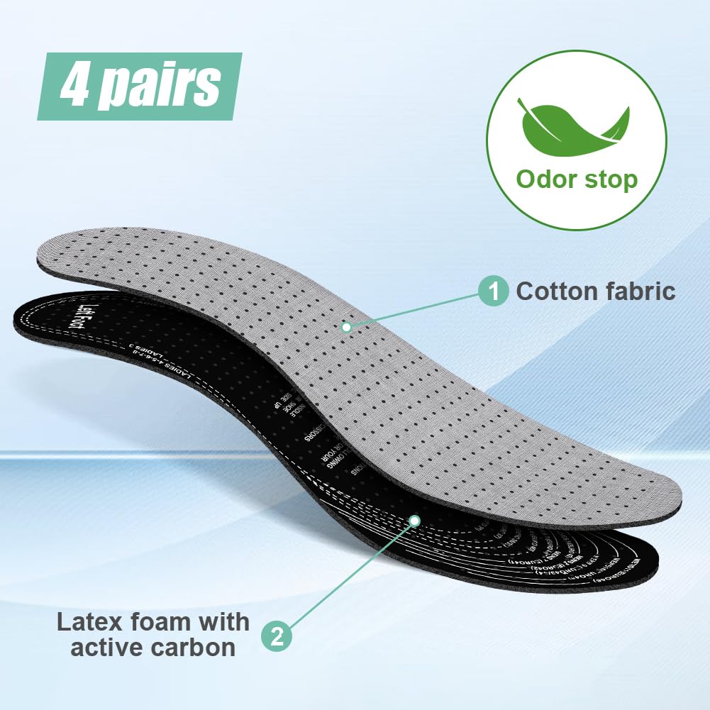 AMFUN 8 Paia Solette Anti Sudore, Inserti in Cotone Traspirante Mangia Odori, Tagliati su Misura, Solette Scarpe in Morbida Schiuma di Lattice con Carbone Attivo Mangia Odori