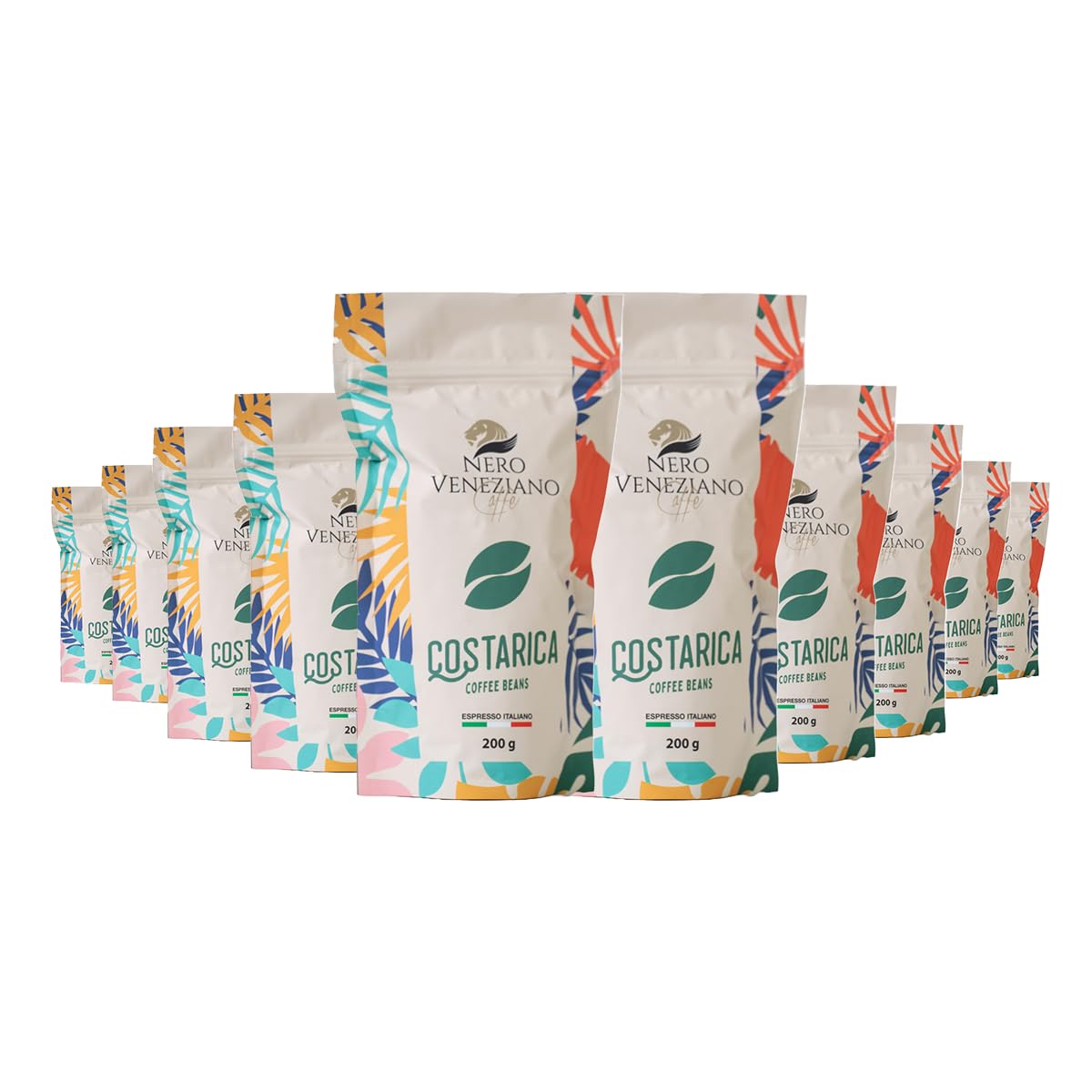 Nero Veneziano Costa Rica Caffè in Grani 10x200 g, 50% Arabica 50% Canephora, Tostatura Media, Note di Bacche Rosse e Agrumi, Corpo Robusto, Bassa Acidità, per Espresso e Automatiche