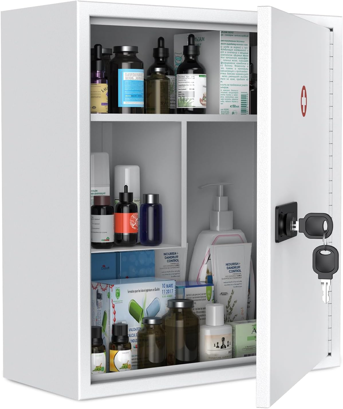 Wall Mount Medicine Cabinet for Bathroom, Locking Medicine Cabinet with Combination and Key Lock Resettable Black Digital Security Storage Box, White