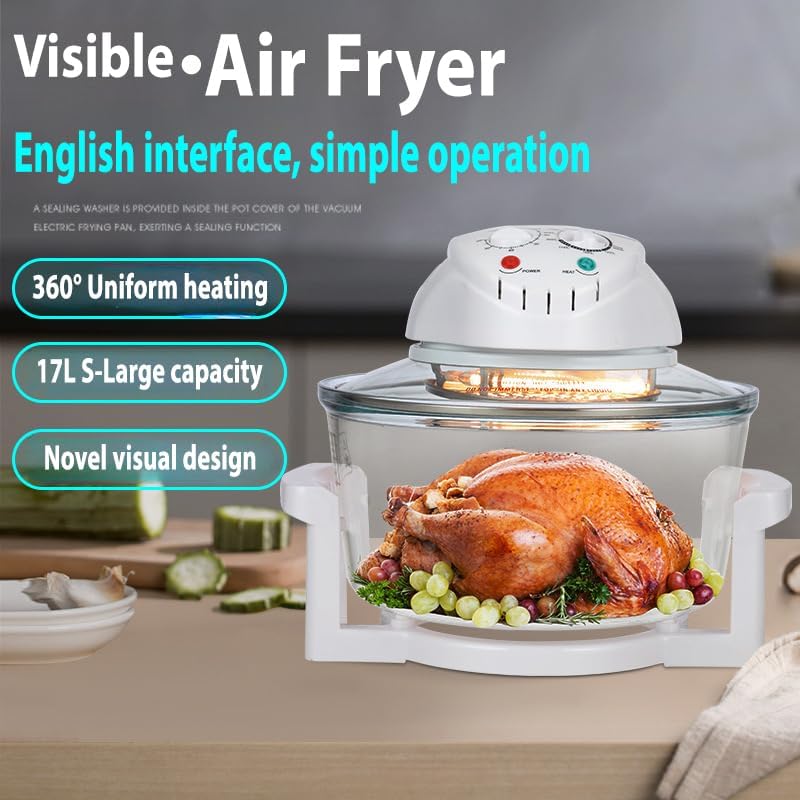 The visible air fryer in operation, showing a whole chicken cooking inside the clear glass basket, highlighting 360-degree uniform heating.