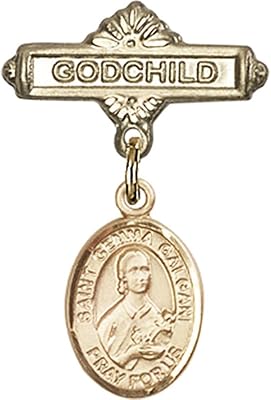 14kt Yellow Gold Baby Badge with St. Gemma Galgani Charm and Godchild Badge Pin 1 X 5/8 inches