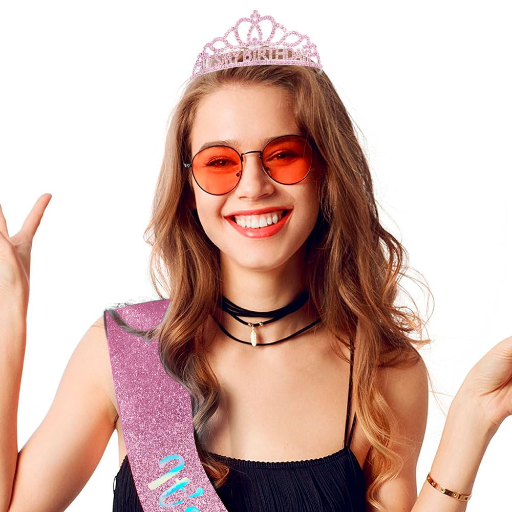 XiuSpark Birthday Sash for Women Crown Adult Woman Pink Tiaras for Women Its My Happy Birthday Girl Sash and Crown Decorations Crowns Headband