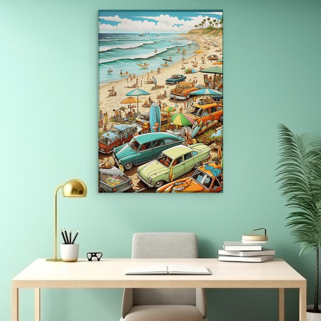 Canvas for Living room. Coastal Carnival: A Tapestry of Sun, Surf, and Sand Revival, 27 x 18 inch Canvas Wall Art - Retro Home Decor - 69x46 cm (27x18 inch)