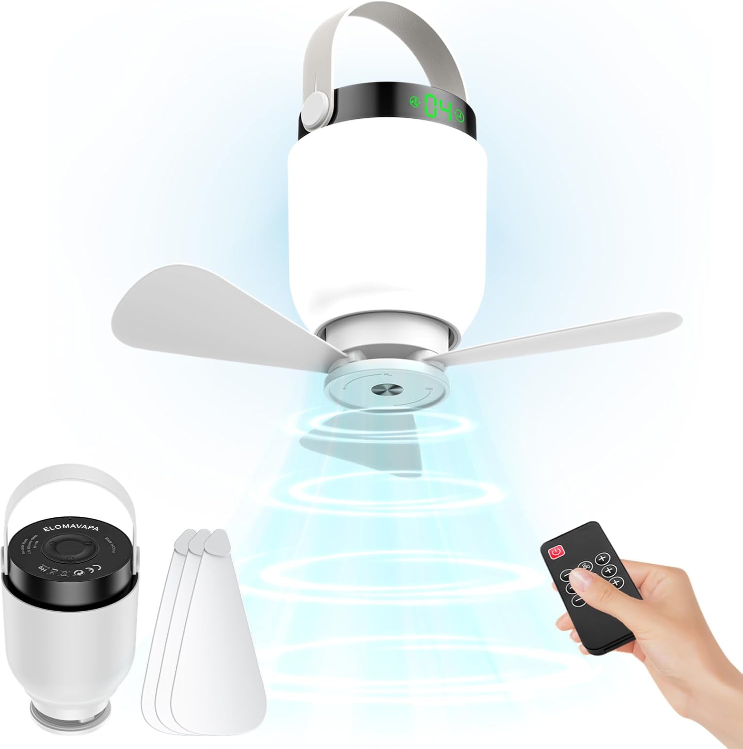 Elomavapa 2 in 1 Camping Fan with Lantern: Rechargeable LED Tent Fan Lights with Remote, Portable Outdoor Small Ceiling Fan with Dimmable Light Hanging for Tent, Gazebo, Patio, Canopy, RV