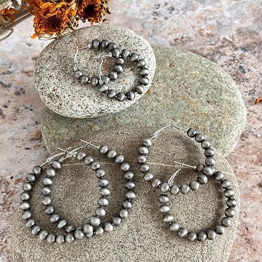 3 Pairs of Navajo Pearl Hoop Earrings - Vintage Beaded Jewelry for Women, Cowgirl Western Style Navajo Jewelry Featuring Elegant Pearl Earrings - Image 5