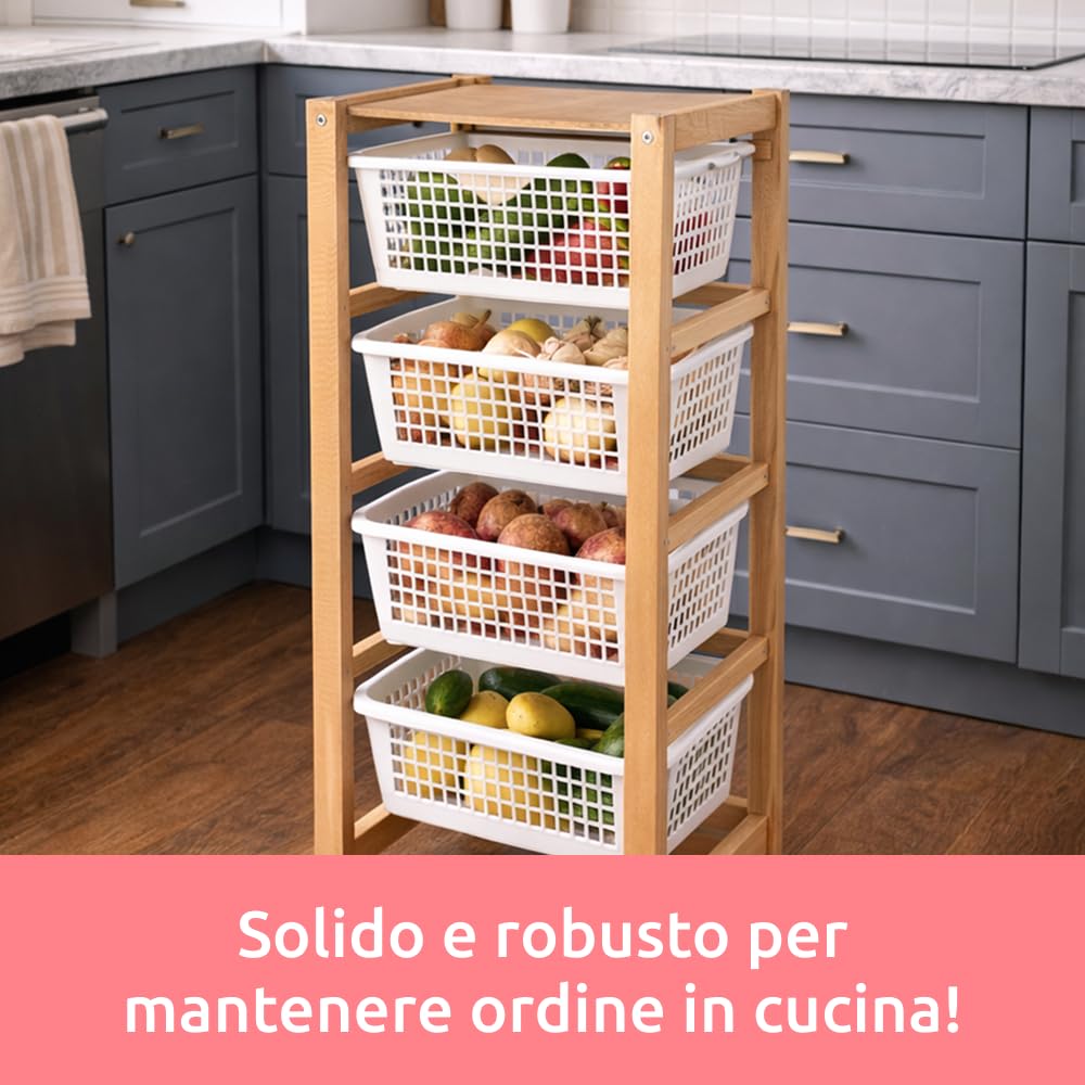 Compactor Carrello con Ruote Portatutto in Faggio con Cesti in Plastica – Carrello Cucina Mobile Salvaspazio 30x44x88 cm
