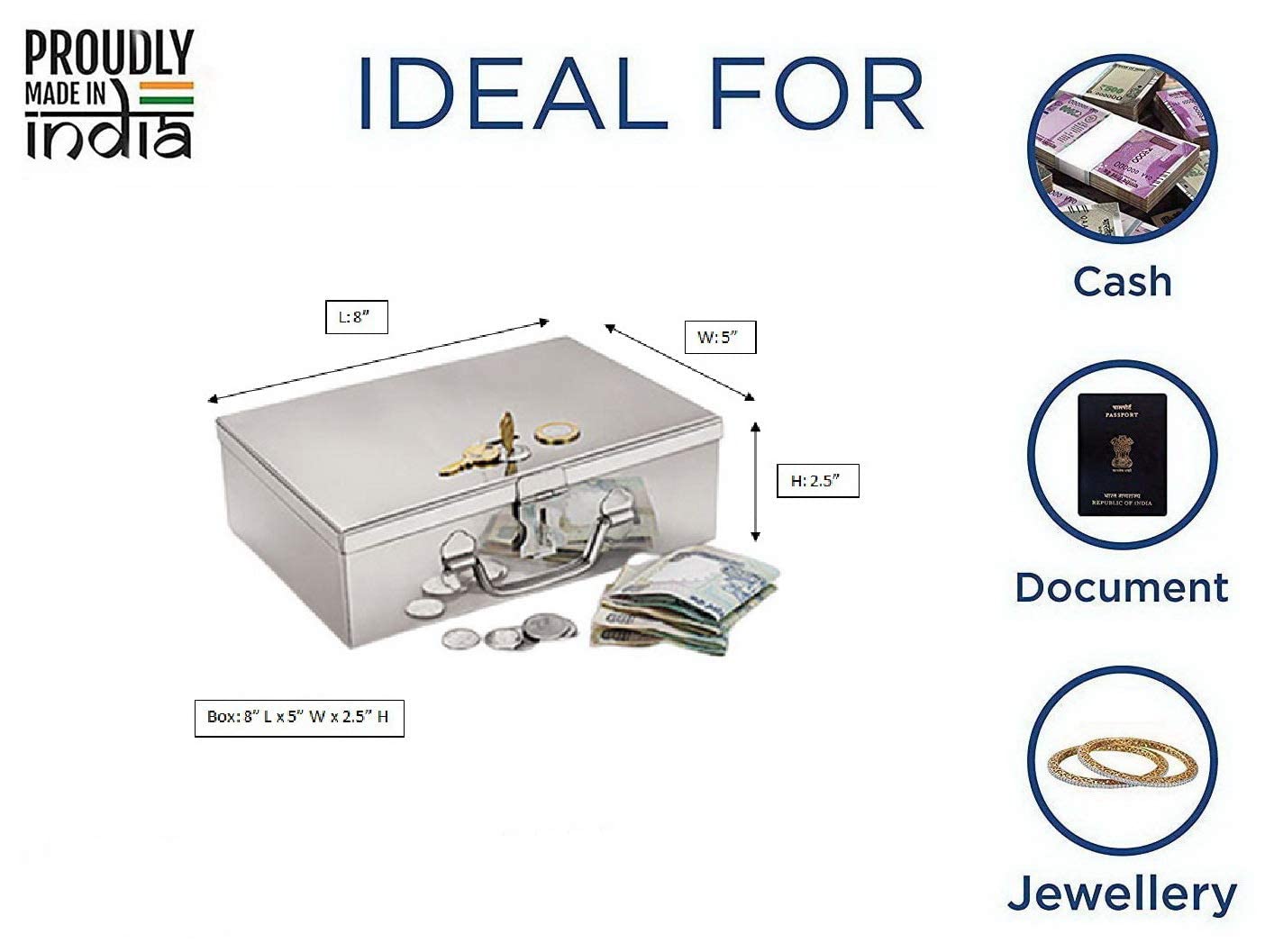 GinoSet® Stainless Steel Cash/Coin/Jewellery Storage Rectangular Silver Boxes with Pre-Fitted Lock (8" x 5" x 2.7") (With Pre fited One Lock & 2 Key) (Medium Poja 8) 1
