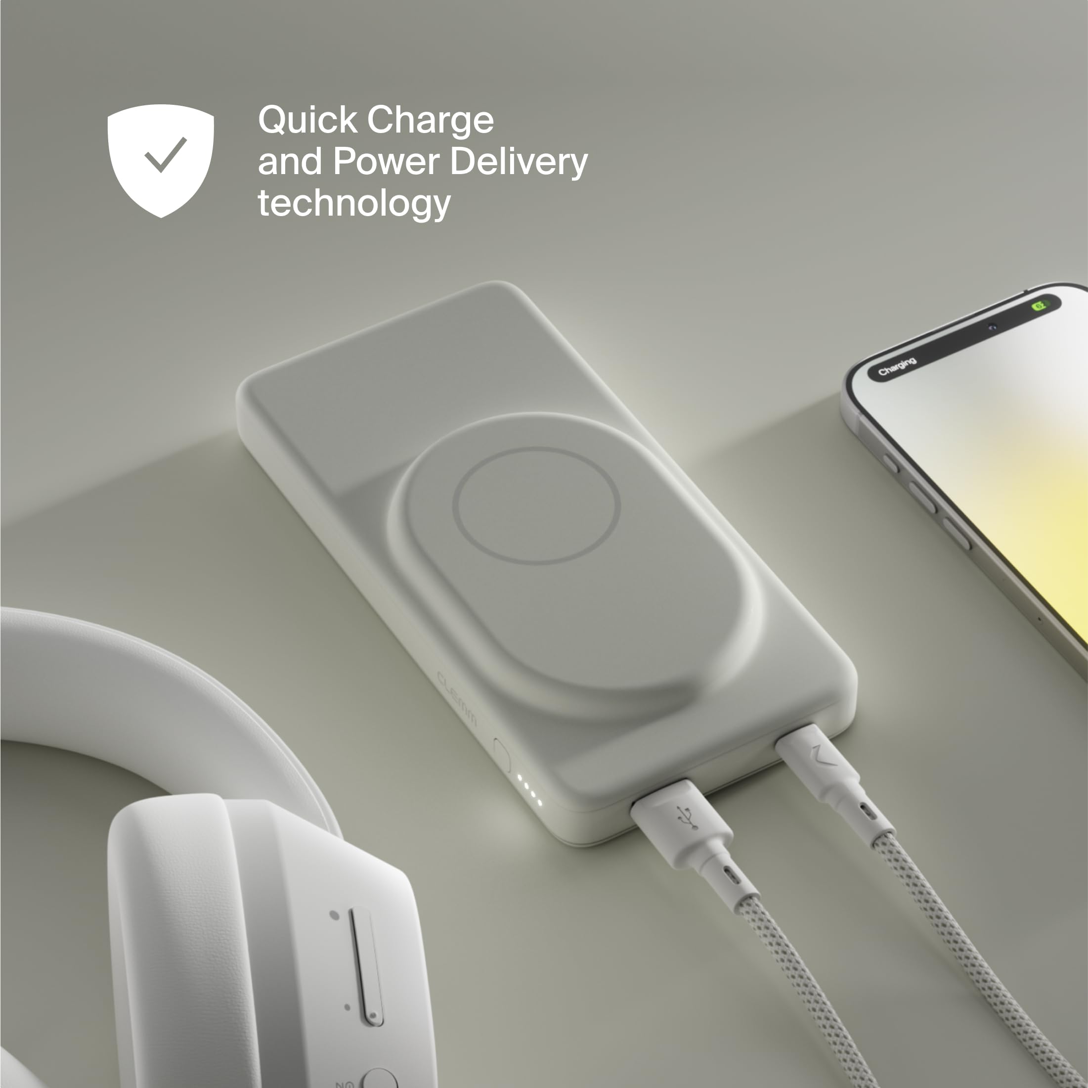 Clemm Cargador inalámbrico portátil de 10 K mAh de doble puerto (USB-A, USB-C) cargador de carga rápida para iPhone 16/15/14, Samsung Galaxy, iPad, Google Pixel y más, marfil