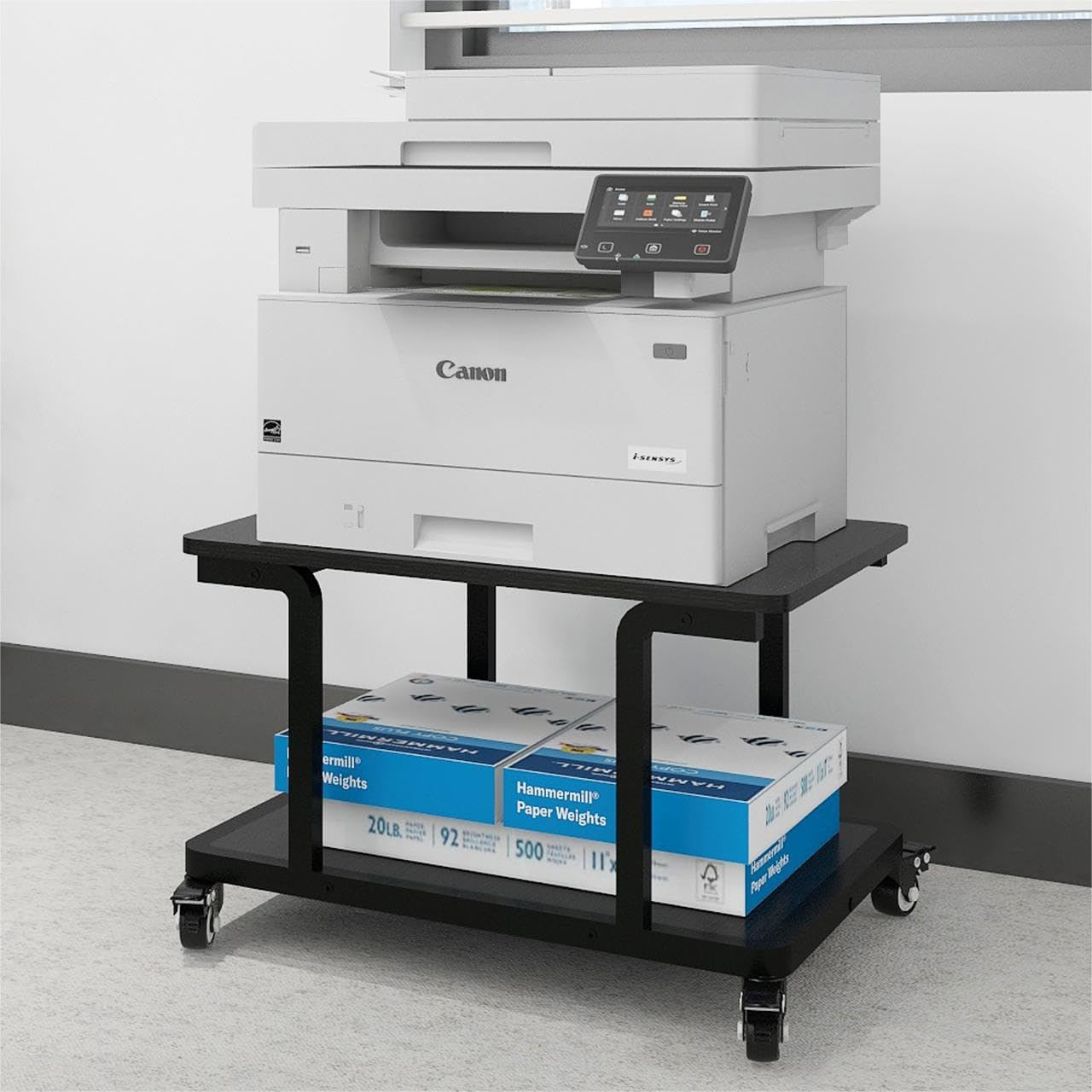 PUNCIA Mesa para Impresora de 2 Niveles con Ruedas 60 x 50 cm Soporte para Impresora Móvil de Madera y Metal con Estante de Almacenamiento para Oficina Hogar Escuela Negro