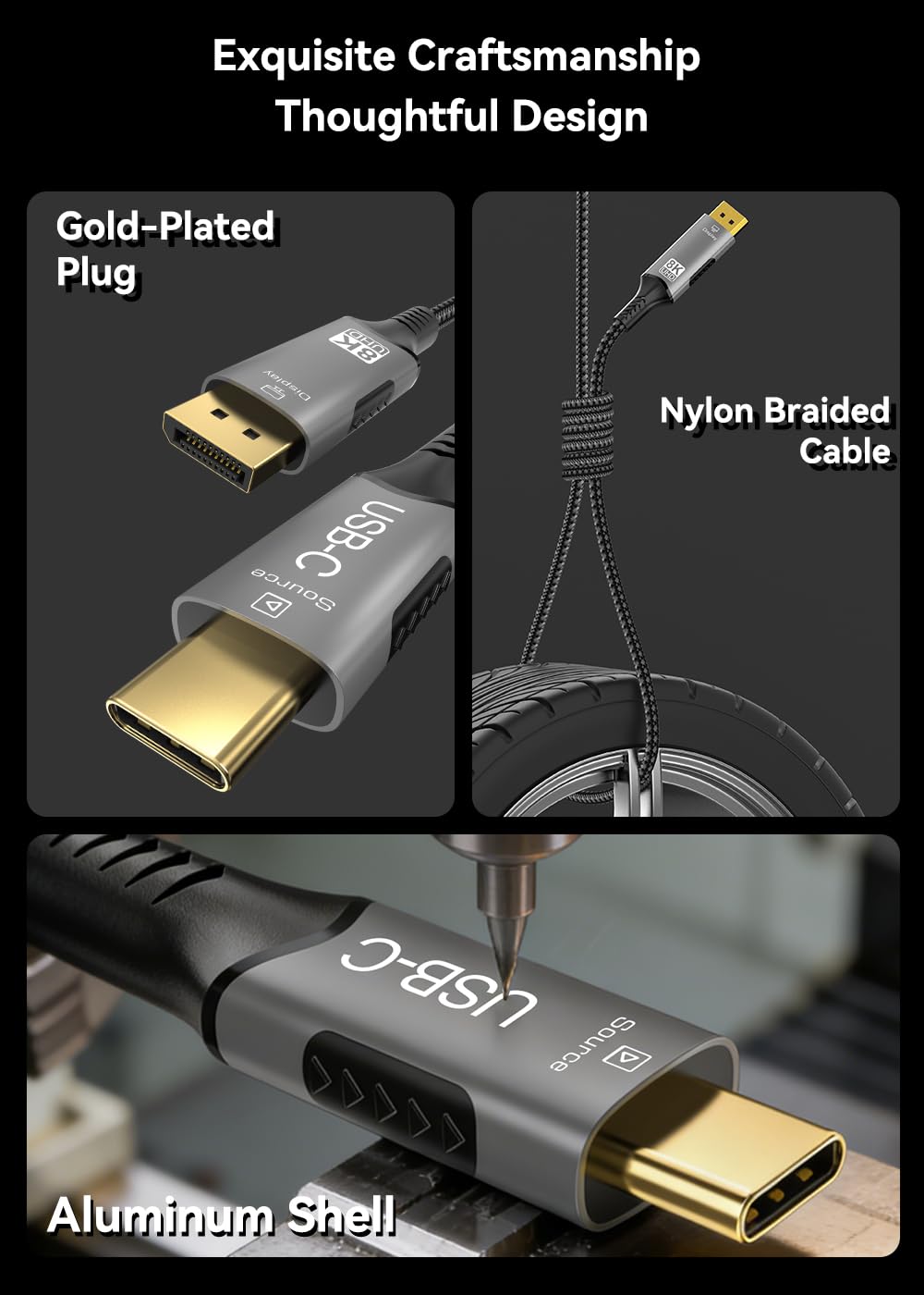 PremiumCord 8K Cable USB-C to DisplayPort 1.4, USB 3.2 Gen 2, Male to Male, Resolution 8K @ 60Hz, 4K @ 144Hz, Full HD 1080p, HDCP2.2, Colour Black, Length 2 m