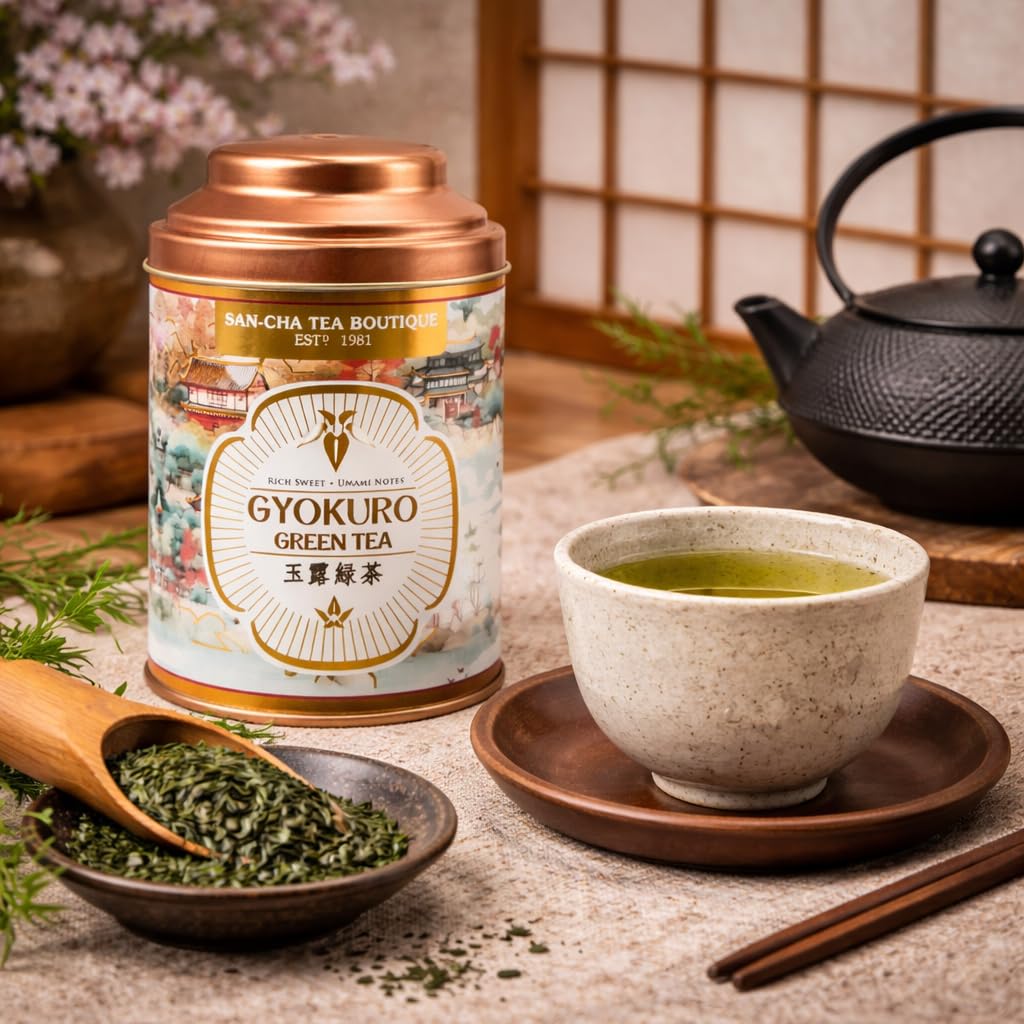 Sancha Tea Boutique, thé vert Gyokuro, thé vert japonais de haute qualité, notes umami riches et sucrées, rosée joyau et feuilles japonaises de qualité supérieure, 50 g de feuilles en vrac